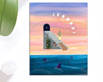 Surrealist Landscape Art Print: Staircase, Moons, Ocean - 8 x 10 inch