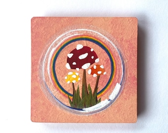 Colorful Mushroom Painting Magnet: Mini Refrigerator Art, Gift for Art Lovers