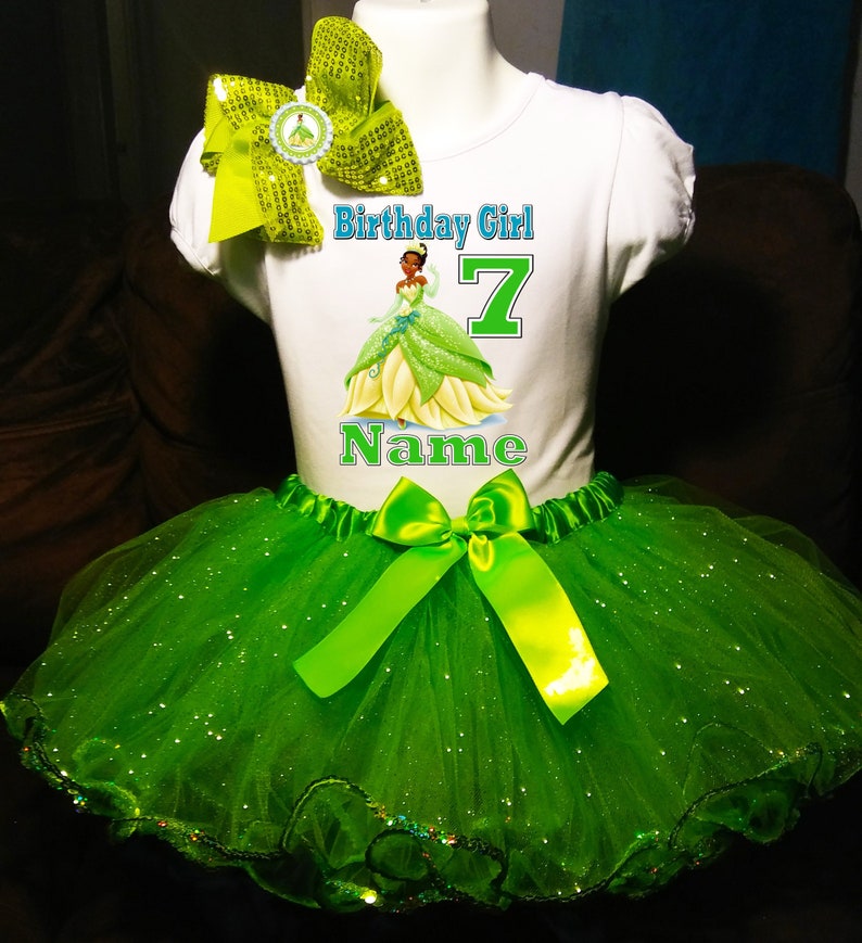 7th Seventh 7 birthday party Shirt Personalized 2 Pc Tutu Green outfit Fast shipping TIANA-Princess and the Frog Birthday +NAME+