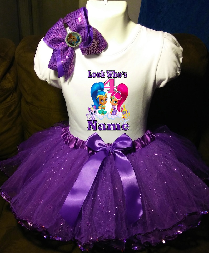Shimmer and Shine Dress 4th Fourth 4 birthday Shirt Personalized 2 Pc Tutu outfit Purple Fast shipping +NAME+