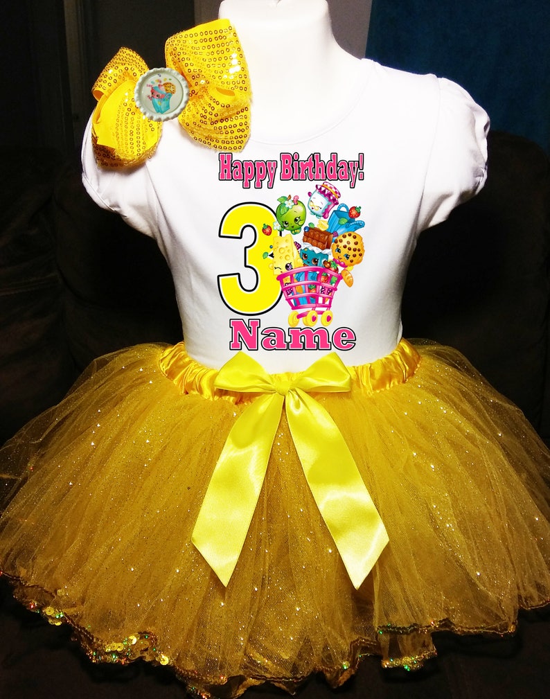 Shopkins Baby Dress +NAME+ 3rd Third 3 Birthday Shirt Personalized 2 Pc Tutu Outfit Yellow Fast Shipping