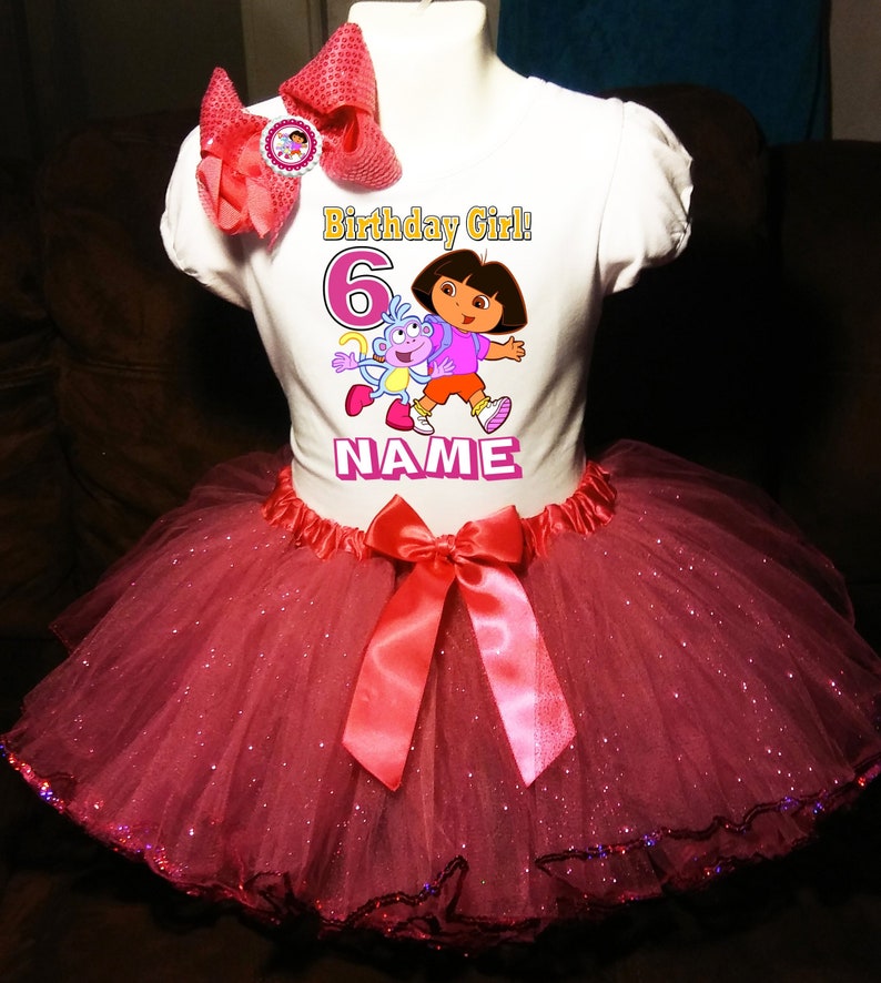 Dora the Explorer Birthday Dress +NAME+ 2 Pc Fuchsia Tutu party outfit 6th sixth 6 birthday Shirt Personalized