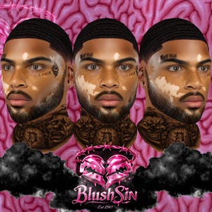 以下が含まれることがあります： ビティリゴ、タトゥー、黒髪の男性の顔が3つ描かれたデジタルアート。背景はピンク色の脳パターンで、黒い雲と「BlushSin Est 290」のロゴがあります。