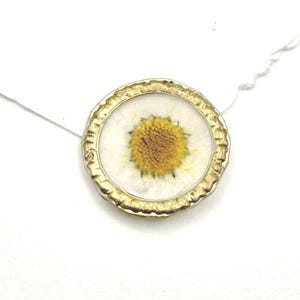 May include: A circular pendant featuring a pressed yellow and white daisy flower encased in a clear resin center. The floral design is surrounded by a textured, scalloped gold-toned metal frame. A thin, delicate silver-toned chain is attached to the top.