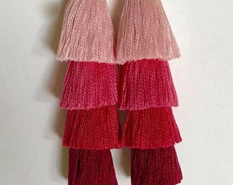 Four Tiered Pink Ombre Tassel Statement Earrings