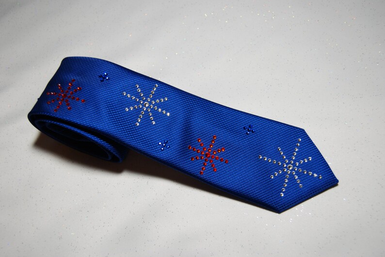 white and blue rhinestone necktie with hanky Red