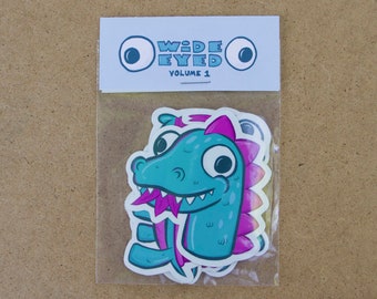 Paquete de cinco (5) pegatinas con ilustraciones de dinosaurio, tortuga, conejo, serpiente y pez mola de colores brillantes y ojos abiertos