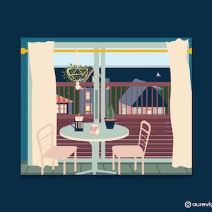 View of Lake Superior Kitchen Deck Scene 8"x10", Simple Shapes Illustrated Art Print