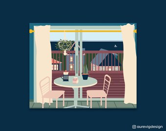 View of Lake Superior Kitchen Deck Scene 8"x10", Simple Shapes Illustrated Art Print