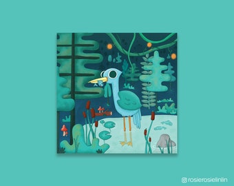 Blue Heron Bird Catching Fish Cartoon Style Lake Life 8"x8"