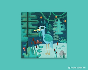 Garza azul atrapando peces, caricatura de la vida en el lago, 20 x 20 cm
