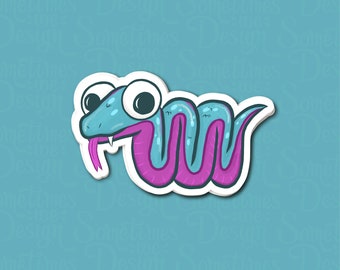 Pegatina de ilustración de serpiente de colores brillantes, estilo cómic de dibujos animados de ojos grandes.