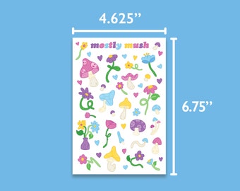 Mayormente Mush: Hoja de pegatinas linda y estética para scrapbooking, coleccionable, BUJO, Planificador, Diario, Botella de agua, Portátil