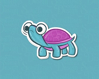 Pegatina con ilustración de tortuga de colores brillantes, estilo de dibujos animados de cómic de ojos grandes.