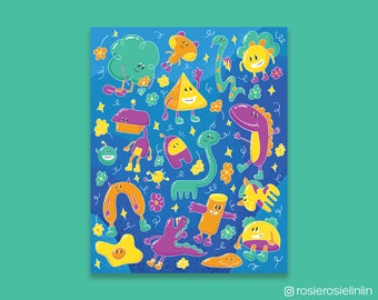 Doodle Party Cute Character Wall Art Print