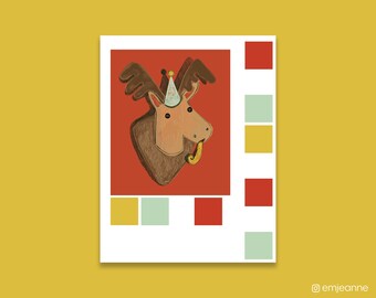 Deer Party Digital Mixed Media Art Print, Arte Animal Juguetón