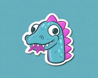 Bright Colored Dinosaur Illustration Sticker, Big Eyes Comic Cartoon Style