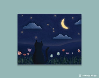 Gato en un campo de flores en la noche 8 "x 10", cielo estrellado, luna, impresión de arte de la ilustración