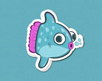 Bright Colored Mola Mola Fish Illustration Sticker, Big Eyes Comic Cartoon Style