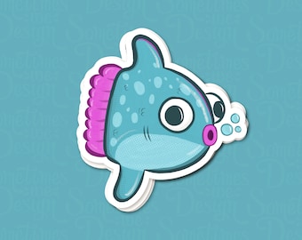 Pegatina con ilustración de pez Mola Mola de colores brillantes, estilo cómic de dibujos animados con ojos grandes