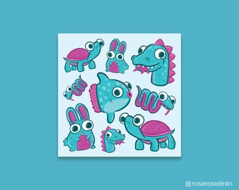 Impresión artística de ilustración de personajes de colores brillantes, composición de estilo caricatura de ojos grandes para dormitorio infantil