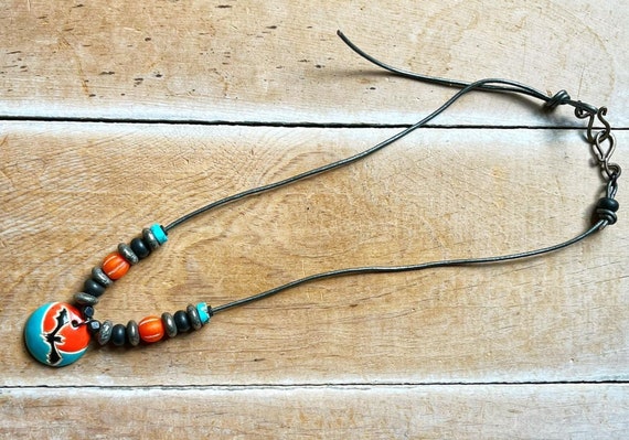 Harvest Moon Bat Necklace Colorful Artisan, Black, Spooky