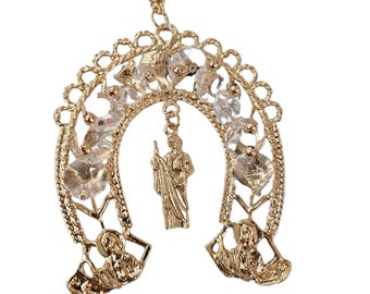 saint jude /san judas horseshoes gold rhinestone metal car/ House/ Wall Decoration charms . Catholic art .religious gift  pendant 4"x 3"