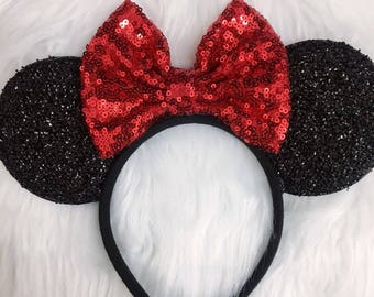 Red Disneyland Ears, Minnie Mouse Ears,Sequin Minnie ears, Christmas Ears, Red Sequin Bow, Bachelorette Party Mouse Ears.