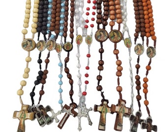 12 x Wholesale Mixed Lady of Guadalupe Wooden Plastics Rosary Necklace for Baptism, Wedding, Memorial Religious Favor With gift bag