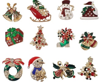 Set of 12 Christmas Brooch Pin Lot/ Holiday Brooch / Christmas Tree / Snowman / Christmas DIY / Party Favor / Rhinestone Christmas