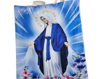 Our Lady of the Miraculous Tote Bag, bible Bag, lady of Guadalupe, St Jude, Sacred Heart & Our Father, holy family, church gifts,