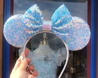 Oreilles de Minnie Mouse inspirées de princesse, oreilles de Mickey Mouse bleues, sequins noeuds brillants oreilles de souris paillettes fête princesse décoration Costume de Cosplay