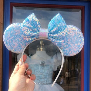 Princess Inspired Minnie Mouse Ears , Blue Mickey Mouse Ears, sequin Shiny Bows Mouse Ears Glitter Party Princess Decoration Cosplay Costume