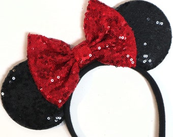 Red Mickey Minnie Mouse Ears, Rose Gold Ears, Halloween Mouse Ears, Blue Purple Silver Gold Rainbow Sequin Bow, Bachelorette Party Headband