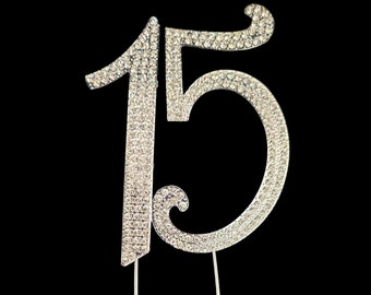 15 niñas Quinceañera edad 15 cumpleaños fiesta de celebración pastel Cupcake Top Topper Rhinestone número 15 decoración 7 "x 3,5"