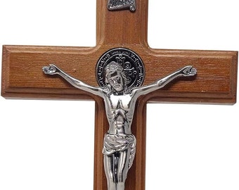 Crucifijo Cruz de pared–Arte de pared de metal de San Benito–Cruz dar bendición –Crucifijo regalo para la exhibición de la sala de estar de la pared opción 8"x12"x16"