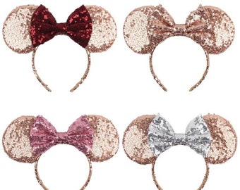 Oro rosa 4" lentejuelas Mickey Minnie Orejas / Orejas de Minnie Mouse de oro rosa / Diadema de oro rosa / Orejas de Disney / Orejas de Minnie de boda de oro rosa