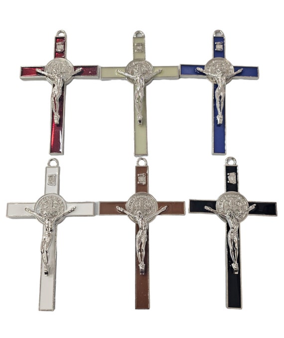 Set of 6 mixed color red blue Black Vintage saint benedict Cross Religious Charm - 5 inches long Jewelry Rosary Making Supplies, rosaries