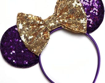 Lila guld skolpaljetter Musse Mimmiöron / Glitterlila öron / Guldfärgade Mimmiöron / skola Mimmiöron / Lila cheerleader Mimmiöron