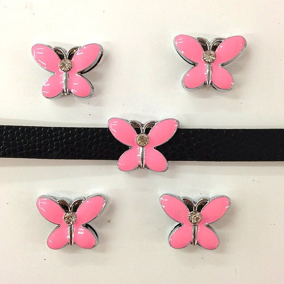 Set of 10 pc light pink rhinestone butterfly slide charm fits 8mm wristband for jewelry /crafting