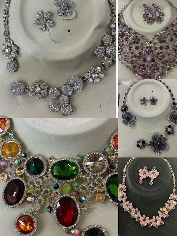 Set of 5 x broken missing rhinestone statement jewelry set DIY Lot Craft Rhinestones Bling Upcycle Repair