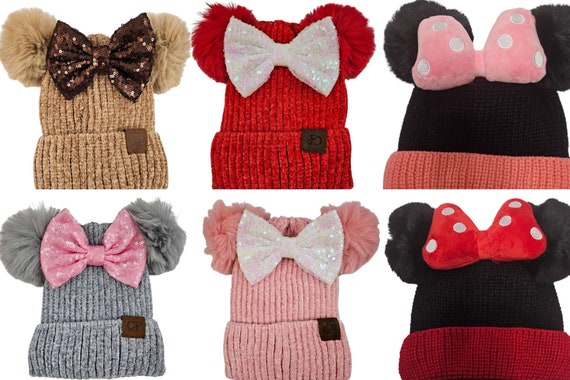 Winter Minnie inspired Pom Beanie, Mickey minnie hat, winter hat , Mickey Minnie inspired , faux pearl beanie, Pom Pom hat / beanie