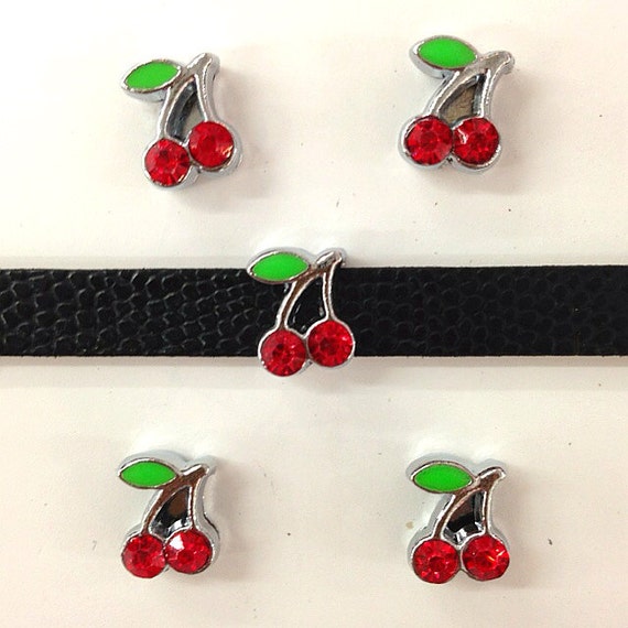 Set of 10pc Red Rhinestone Cherry Slide Charm fits 8mm Wristband for Jewelry / Crafting