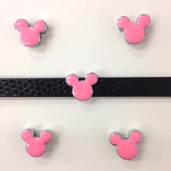 Set of 10pc Pink/White Mouse Ears / Disney Ears Slide Charm fits 8mm Wristband for Jewelry / Crafting