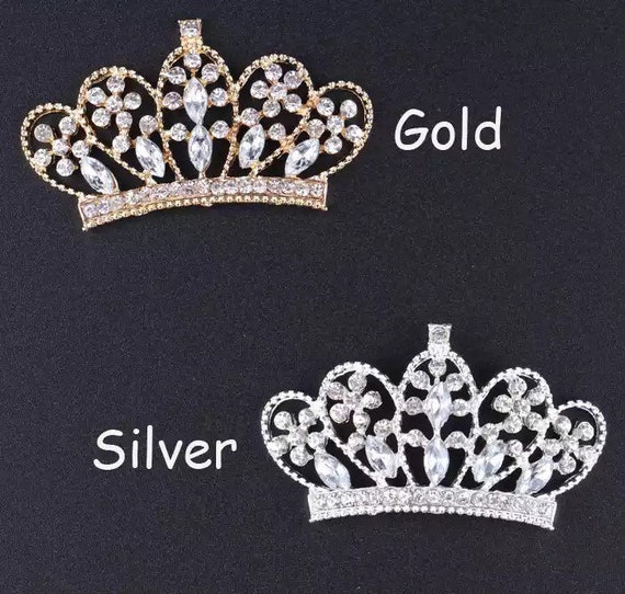 Silver clear or gold rhinestone crown tiara flat back use for wedding bouquet . Bridal sash , embellishment , wedding favor,