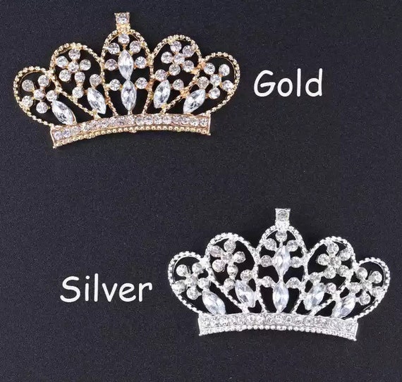Silver clear or gold rhinestone crown tiara flat back use for wedding bouquet . Bridal sash , embellishment , wedding favor,