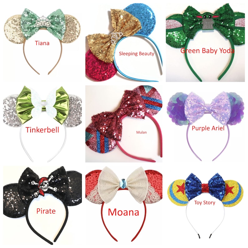 May include: A set of 10 Disney character-themed headband ears with sparkly bows. The characters include Tiana, Sleeping Beauty, Green Baby Yoda, Tinkerbell, Mulan, Purple Ariel, Pirate, Moana, and Toy Story.
