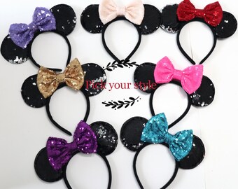 Reversible Black mermaid Mickey Minnie Mouse Ears, Rose Gold Ears, Halloween Mouse Ears, Blue Purple Silver Gold Rainbow Sequin Bow, Disney