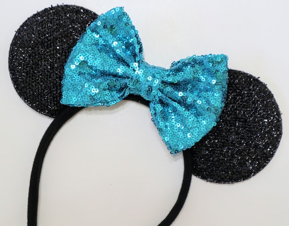 Turquoise Disneyland Ears, Minnie Mouse Ears, Sequin Minnie Ears, Minnie Ears, Mickey Ears, Fall Winter Headband, Sequin Bow, Disneyland Ear