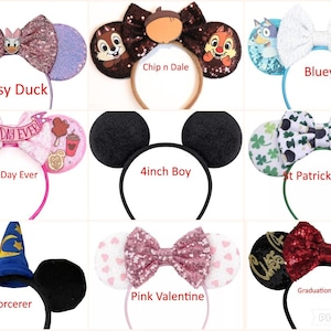 May include: A collage of ten different mouse ear headbands. The headbands are decorated with various themes, including Disney characters, holidays, and special occasions. The headbands are all 4 inches in diameter.